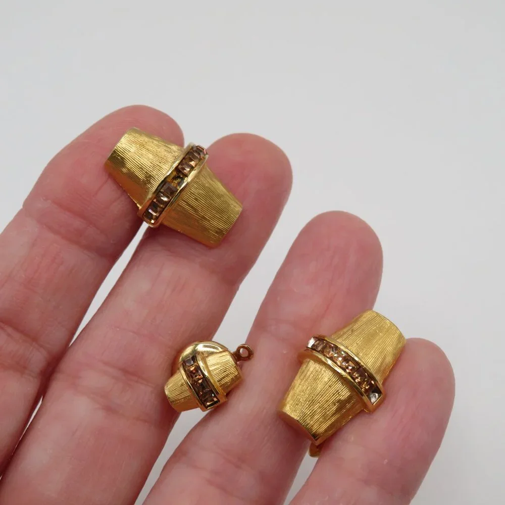 Christian Dior Vintage Art Deco Cufflinks and Tie Tac Set Gold Tone Rhinestone